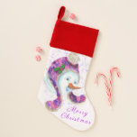 Calcetín Navideño Navidades felices de Snowman haciendo un alto<br><div class="desc">Colección de pintura de navidades Gorra de invierno Feliz Snowman in Purple Pink Beanie Navidad de invierno - o Elegir / Añadir su texto único / nombre / color - Hacer que sus Navidades especiales sientan regalo - Redimensionar y mover o eliminar / agregar elementos - imagen / texto con...</div>