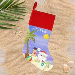 Calcetín Navideño Navidades Summer Santa Beach Niños personalizados<br><div class="desc">Este diseño cuenta con una bonita playa de Navidades de verano con un Santa tropical con palmeras festivas y un muñeco de nieve de arena en la playa. Perfecto para los que celebran un Navidad tropical o de verano. Personalizado editando el texto en el cuadro de texto proporcionado por #Navidades...</div>