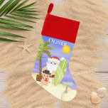 Calcetín Navideño Navidades Summer Santa Beach Surfing Personalizado<br><div class="desc">Este diseño cuenta con una bonita playa de Navidades de verano con un Santa de surf tropical con palmeras festivas y snowman de arena en la playa. Perfecto para los que celebran un Navidad tropical o de verano #Navidades #Navidad #regalos #decoraciónDeClaristazas #medias #niños #regalos para los niños</div>