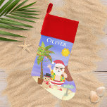Calcetín Navideño Navidades Vacaciones en Santa Beach Personalizadas<br><div class="desc">Este diseño cuenta con una bonita playa de Navidades de verano con Santa Tropical con palmeras festivas y snowman de arena en la playa. Perfecto para los que celebran un Navidad tropical o de verano. Navidades.</div>