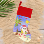 Calcetín Navideño Navidades Vacaciones en Santa Beach Personalizadas<br><div class="desc">Navidades Summer Santa Beach Holidays Navidades personalizadas Stocking cuenta con un bonito escenario de playa de Navidades de verano con Santa Tropical con palmeras festivas y snowman de arena en la playa. Ideal para los que celebran un Navidad tropical o de verano. Diseñado por © Evco Holidays www.zazzle.com/store/evcoholidays</div>