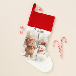 Calcetín Navideño Nombre personalizado Oso de Teddy y Snowman