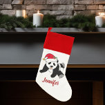 Calcetín Navideño Oso de Panda lindo en niños Personalizados de Sant<br><div class="desc">Este hermoso oso panda de Navidades presenta un lindo panda con un sombrero rojo de Santa. Este bonito personalizado de Navidades animales está decorado con su monograma en rojo. Personalizar con su propio texto en la parte inferior para un regalo elegante.</div>