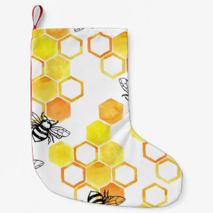 Calcetín Navideño Pequeño Abejas de miel: Patrón de acuarela amarillo