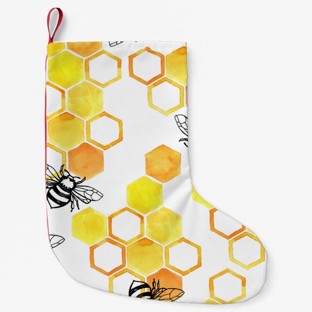 Calcetín Navideño Pequeño Abejas de miel: Patrón de acuarela amarillo (Anverso)