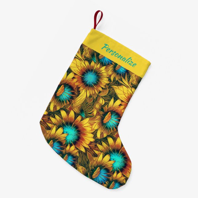 Calcetín Navideño Pequeño Abstract Gold Teal Sunflowers Floral Holiday  (Frente (Colgado))
