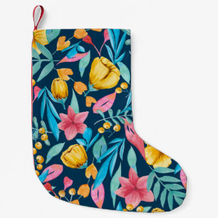 Calcetín Navideño Pequeño acuarela botánica: flores, hojas adornadas.