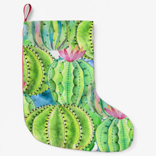 Calcetín Navideño Pequeño Acuarela Cacti: Ornamento de verano floral.