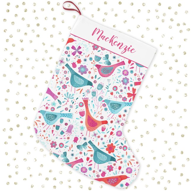 Calcetín Navideño Pequeño Acuarela de aves y flores personalizada (Watercolor birds and flowers personalized script name Christmas stocking)