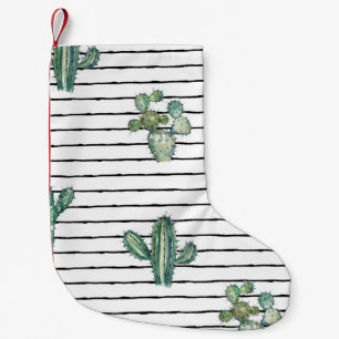 Calcetín Navideño Pequeño Acuarela de Cactus: Dibujo de Pluma Vintage.