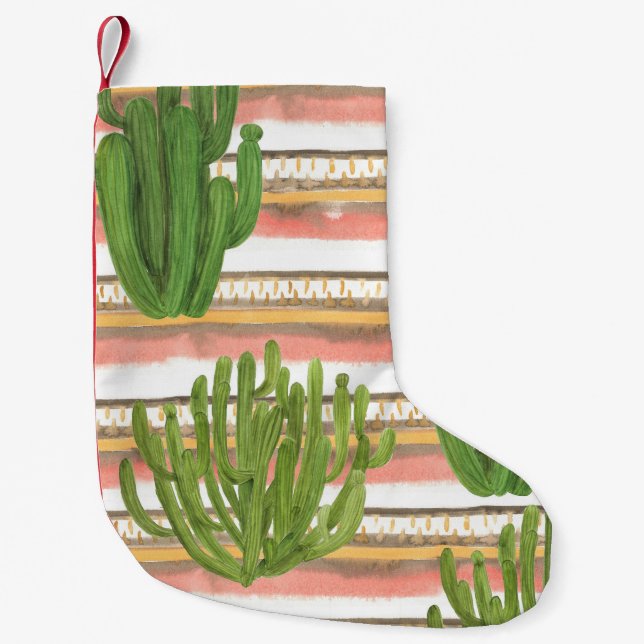 Calcetín Navideño Pequeño acuarela de cactus, fondo de banda, palmas sin sol (Anverso)