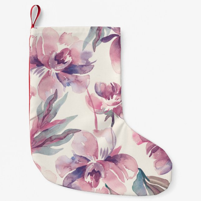 Calcetín Navideño Pequeño acuarela de peonies: fondo floral sin fisuras. (Anverso)