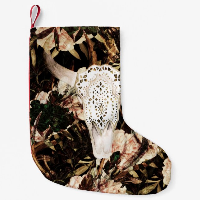 Calcetín Navideño Pequeño acuarela étnica: fondo floral retro. (Anverso)