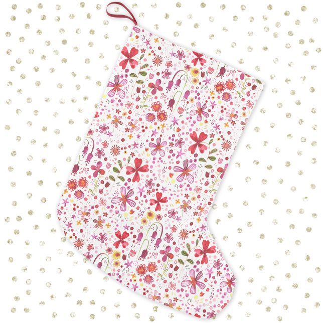 Calcetín Navideño Pequeño Acuarela floral moderna (Pretty red and white wildflower floral watercolor pattern Christmas stocking)