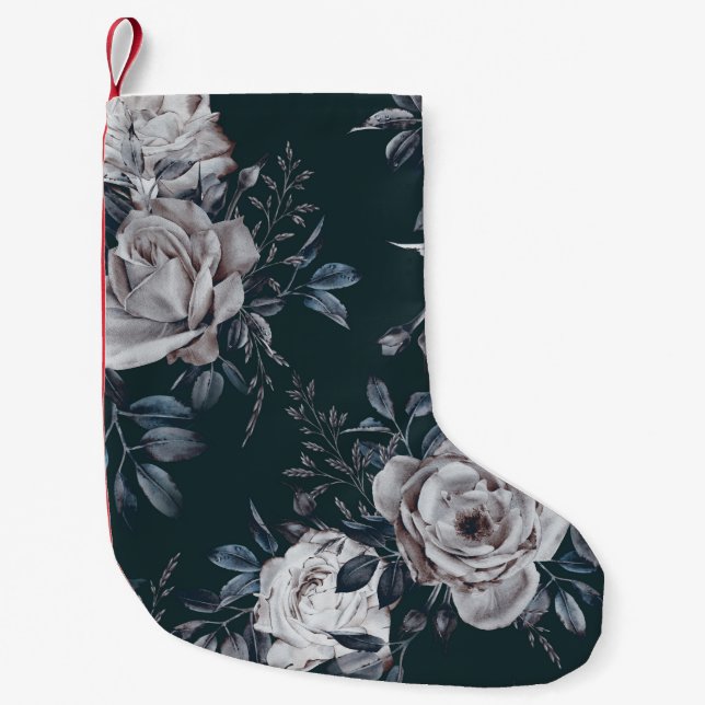 Calcetín Navideño Pequeño acuarela floral oscura, patrón ininterrumpido (Anverso)