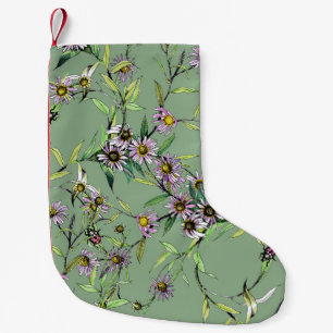 Calcetín Navideño Pequeño Acuarela floral: patrón verde sin foco