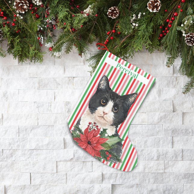 Calcetín Navideño Pequeño Acuarela Gato negro y blanco y Poinsettia (Subido por el creador)