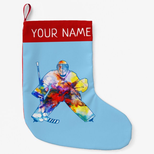 Calcetín Navideño Pequeño Acuarela personalizada de hockey Goalie (Anverso)
