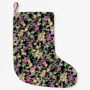 Calcetín Navideño Pequeño acuarela transparente patrón floral negro