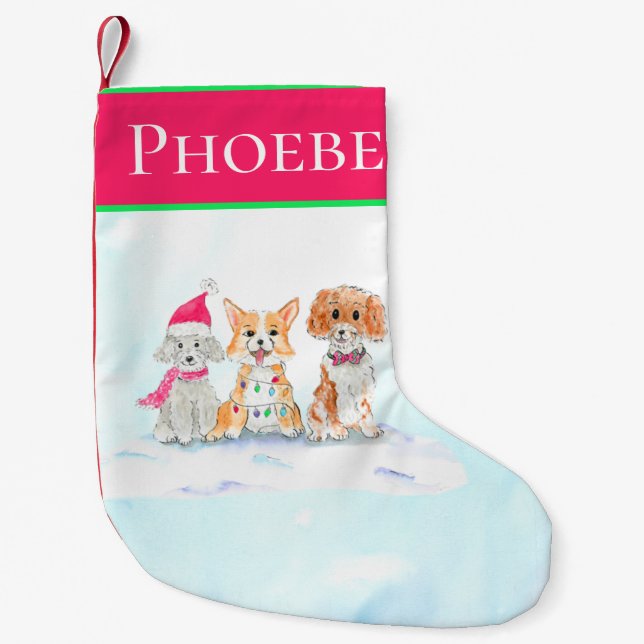 Calcetín Navideño Pequeño Acuarela Tres Perros Cutos Listos Para Navidades (Anverso)