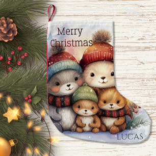 Calcetín Navideño Pequeño Adorable familia de animales del bosque en inviern