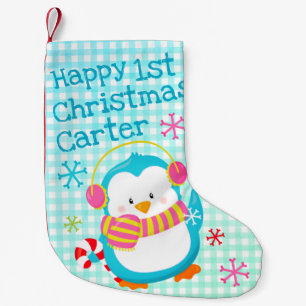 Calcetín Navideño Pequeño Adorable Pingüino Feliz Navidad Moderna para Bebé
