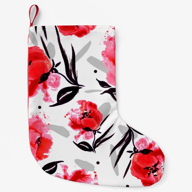 Calcetín Navideño Pequeño Adormidera roja en un fondo blanco con rayas grise (Anverso)