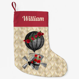 Calcetín Navideño Pequeño Aeronave Steampunk con Navidades de las rosas roja