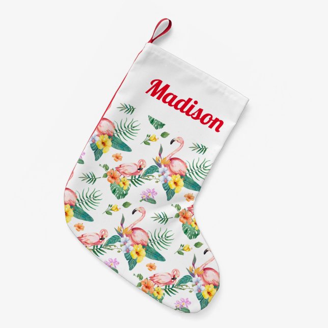 Calcetín Navideño Pequeño Agrega tu nombre | Flamingo rosa (Frente (Colgado))