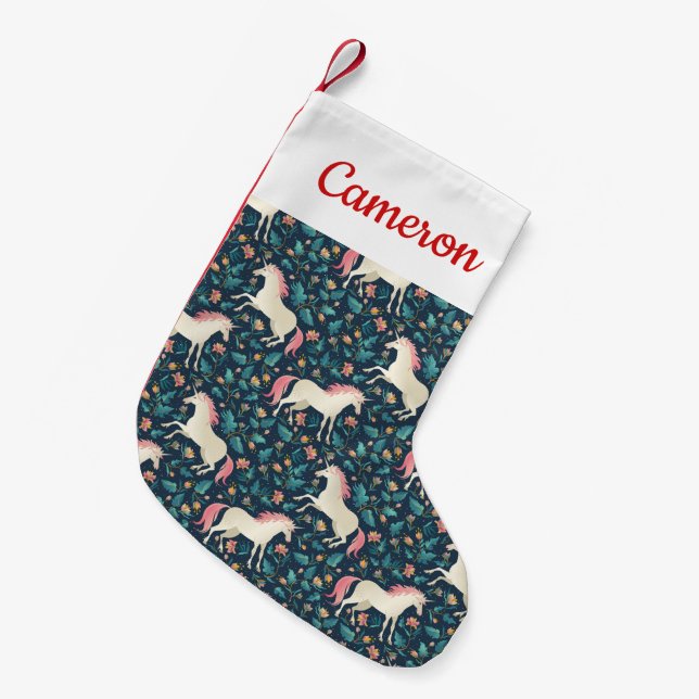 Calcetín Navideño Pequeño Agrega tu nombre | Hermoso patrón de unicornio mág (Frente (Colgado))