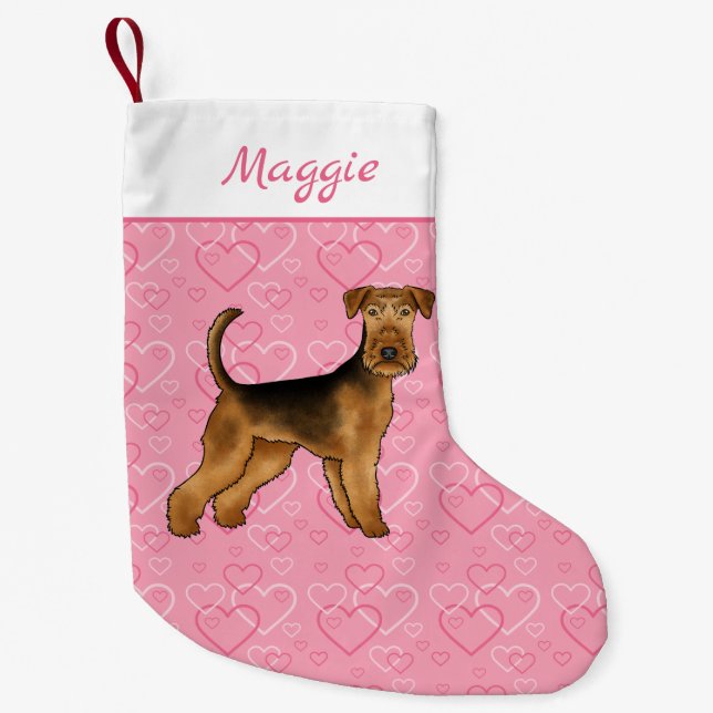Calcetín Navideño Pequeño Airedale Terrier Dog Con Corazón Y Nombre Rosa (Anverso)