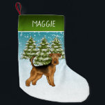 Calcetín Navideño Pequeño Airedale Terrier Dog Snowy Winter Forest and Name<br><div class="desc">El personalizado original de Destei ilustracion de un lindo perro de la raza Airedale Terrier. El perro es colocado en una escena invernal con tres abetos verdes y la caída de la nieve. El fondo es un degradado de azul a blanco que da al diseño ese aspecto frío del invierno....</div>