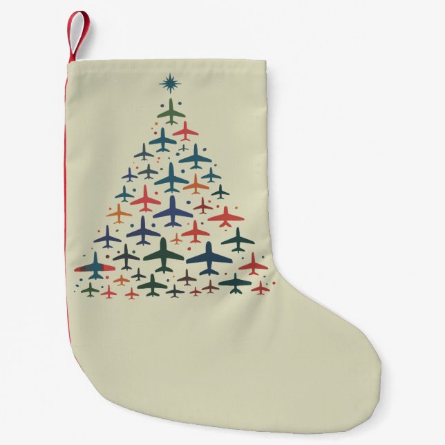 Calcetín Navideño Pequeño Airplane Christmas Tree Retro Pilot Flying Flight  (Anverso)