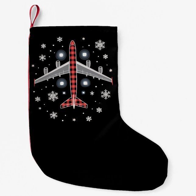 Calcetín Navideño Pequeño Airplane Plaid Christmas Pilot (Anverso)