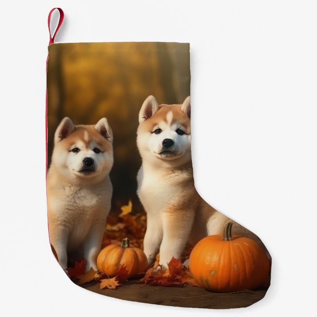 Calcetín Navideño Pequeño Akita Puppy Calabaza deslumbrante de otoño (Anverso)