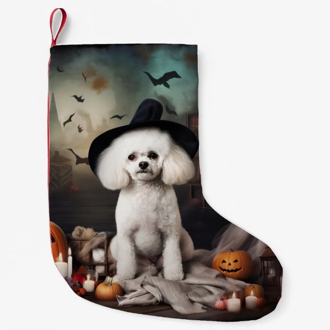 Calcetín Navideño Pequeño Alarma de Halloween de Bichon Frise Pumpkins (Anverso)