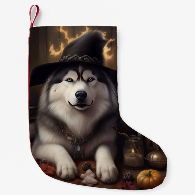 Calcetín Navideño Pequeño Alaskan Malamute calza calabazas de Halloween (Anverso)