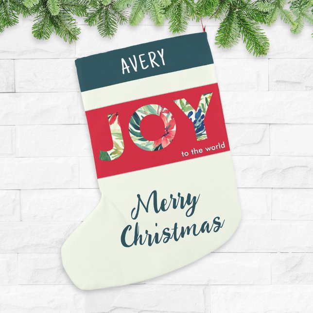 Calcetín Navideño Pequeño Alegría Para La Festividad Mundial Moderna (A personalized, festive Christmas stocking, with 'Joy to the world' and 'Merry Christmas' words)