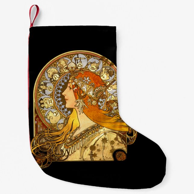 Calcetín Navideño Pequeño Alfonse Mucha Zodiac Art Nouveau Mujer (Anverso)