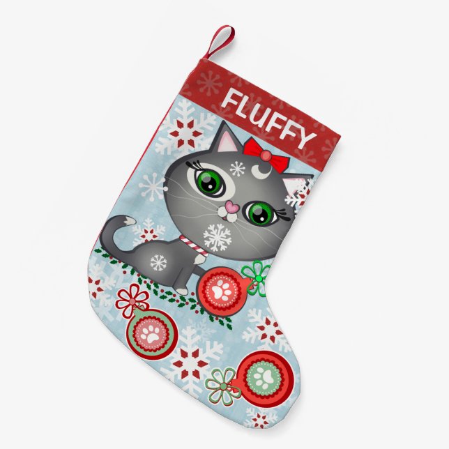 Calcetín Navideño Pequeño Almacenamiento gris del navidad del gato del (Frente (Colgado))