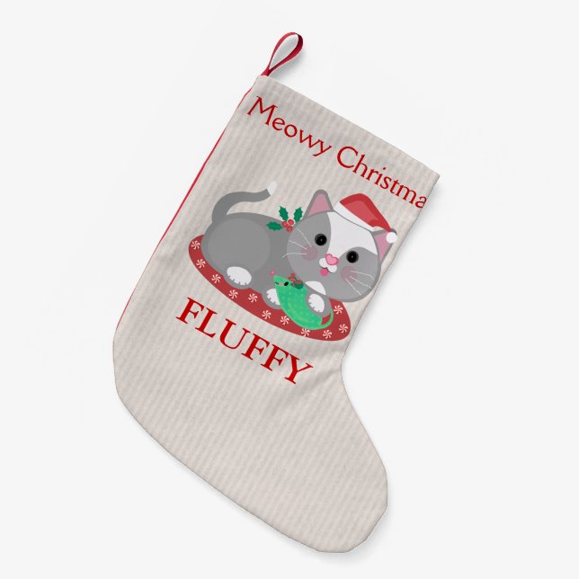 Calcetín Navideño Pequeño Almacenamiento gris del navidad del gato del (Frente (Colgado))