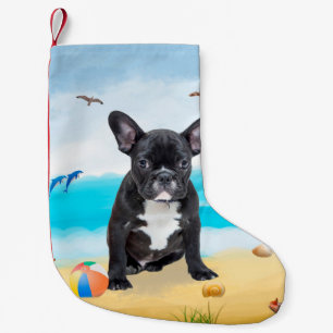 Calcetín Navideño Pequeño Almohada de Bulldog Francés en la Playa