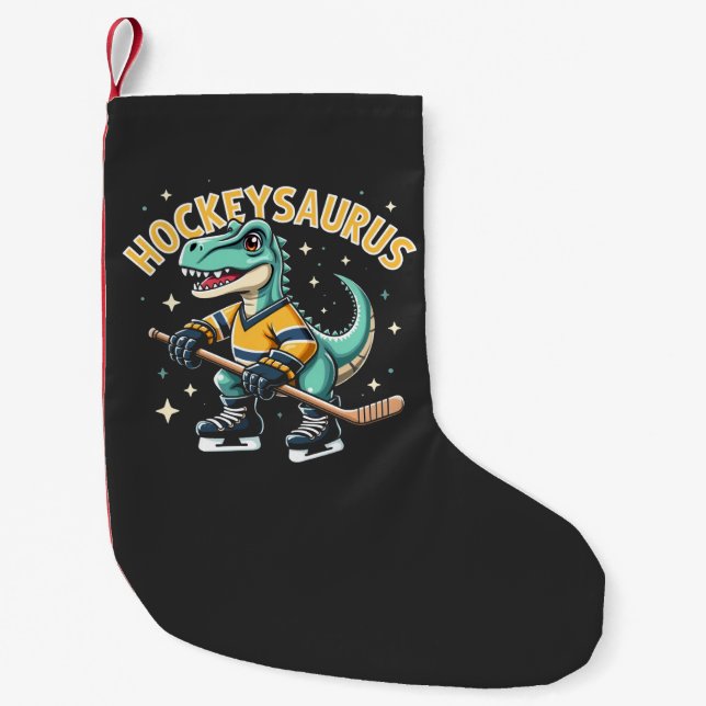 Calcetín Navideño Pequeño Amantes de los dinosaurios del Hockeysaurus Hockey (Anverso)