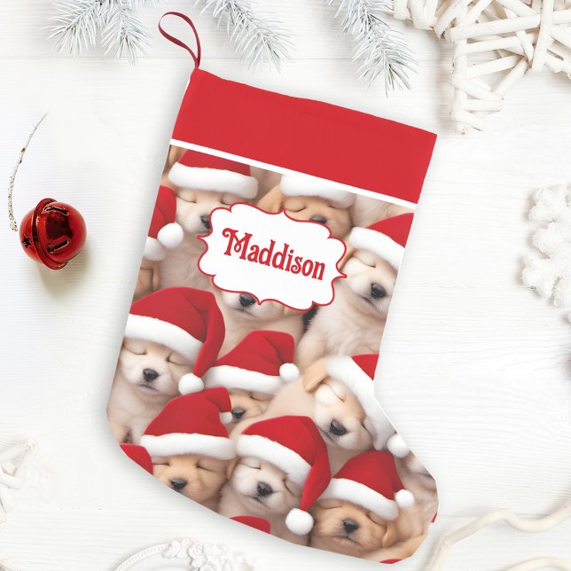 Calcetín Navideño Pequeño Amantes de perros de Santa Cachorros nombran a Nav (Santa Puppies Dog Lovers Name Christmas Stocking)