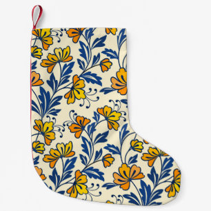 Calcetín Navideño Pequeño Amarillo Naranja Floral Folclórico Azul Hoja Vinta