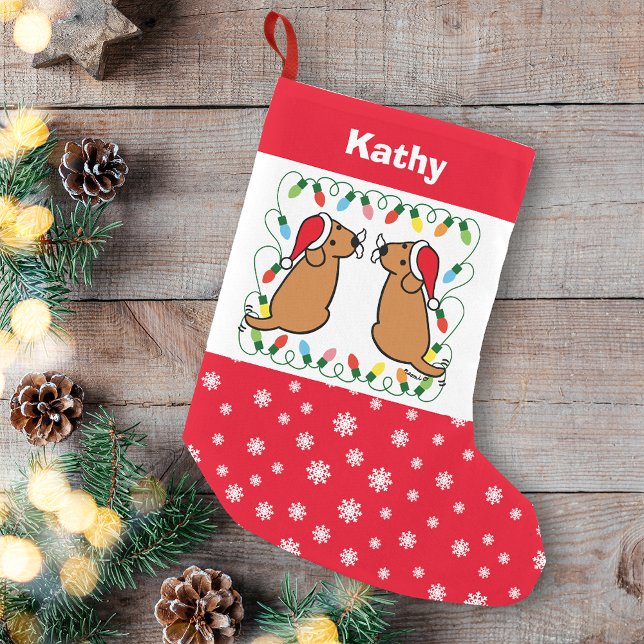 Calcetín Navideño Pequeño Amigos gemelos de Fox Red Labrador (Personalized Twin Fox Red Labrador Santas Christmas Stocking for Labrador Retriever Owners.)