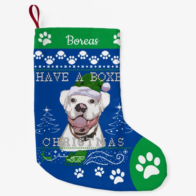 Calcetín Navideño Pequeño Añadir nombre a Navidades de perros de boxer blanc (Anverso)