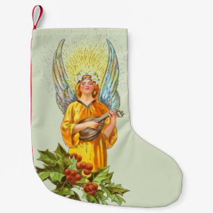 Calcetín Navideño Pequeño Ángel con acebo y mandolina 