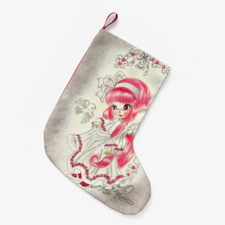 Calcetín Navideño Pequeño Ángel de Navidad lindo con cabello rojo y acebo