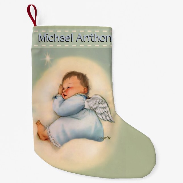 Calcetín Navideño Pequeño Ángel personalizado el dormir del vintage del bebé (Anverso)